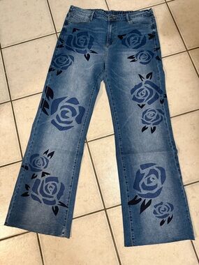 Oli & Hali Blue Floral Print Wide-Leg Jeans Size Large